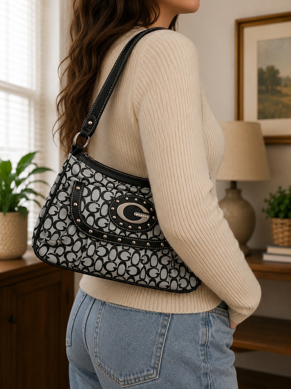 Monogram Black and Gray Signature Jacquard Shoulder Bag with Studded Trim - Picture 1 of 3